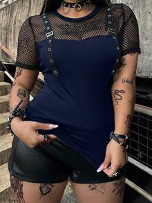 Whyspr Camiseta de manga corta con parches de ojetes de estilo punk talla grande, primavera/verano - Azul Marino - Ver 5