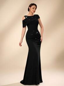 Serin Vestido elegante y lujoso con diseño de cuello modesto elástico y fruncido, mangas y bajo de cola de sirena, adecuado para bodas, fiestas, vacaciones, galas y ocasiones formales - Negro - Ver 8