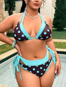 Swim Mod Plus Size Contrast Color Polka Dot Print Halter Knotted Split Bikini Swimwear, 2pcs Set, Essential For Summer Holiday Beach Travel - Multicolor - View 4