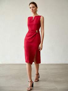 MOTF PREMIUM LINEN MINIMALIST ELEGANT V-NECK CINCHED WAIST MIDI DRESS, SPRING/SUMMER - Burgundy - View 4