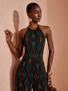 JIAN LASALA Dark Green All-Over Print Mesh Halter Neck Tie Sleeveless Wide-Leg Women Boho Sexy Jumpsuit Party Vacation Summer - Multicolor - View 7