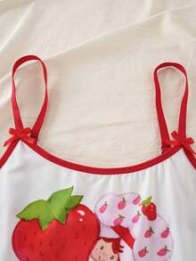 Strawberry Shortcake X SHEIN Retro Cartoon Strawberry Heart Camisole & Shorts Set, Cute Girlish Pajamas, Sweet Homewear Can Be Worn Outdoors - Red and White - View 3