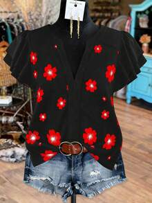 Linhara Blus Linen Campuran Leher V Motif Bunga Prancis Boho Elegan dengan Lengan Berkerut, Cocok untuk Perjalanan, Kasual, Liburan, Ukuran Besar, Warna Hitam, Musim Panas - Hitam - View 3