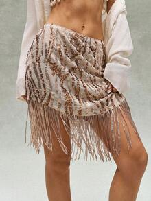 SHEIN BohoFeels Women's Sequin Tassel Design Casual Versatile Date Night Mini Skirt - Khaki - View 4