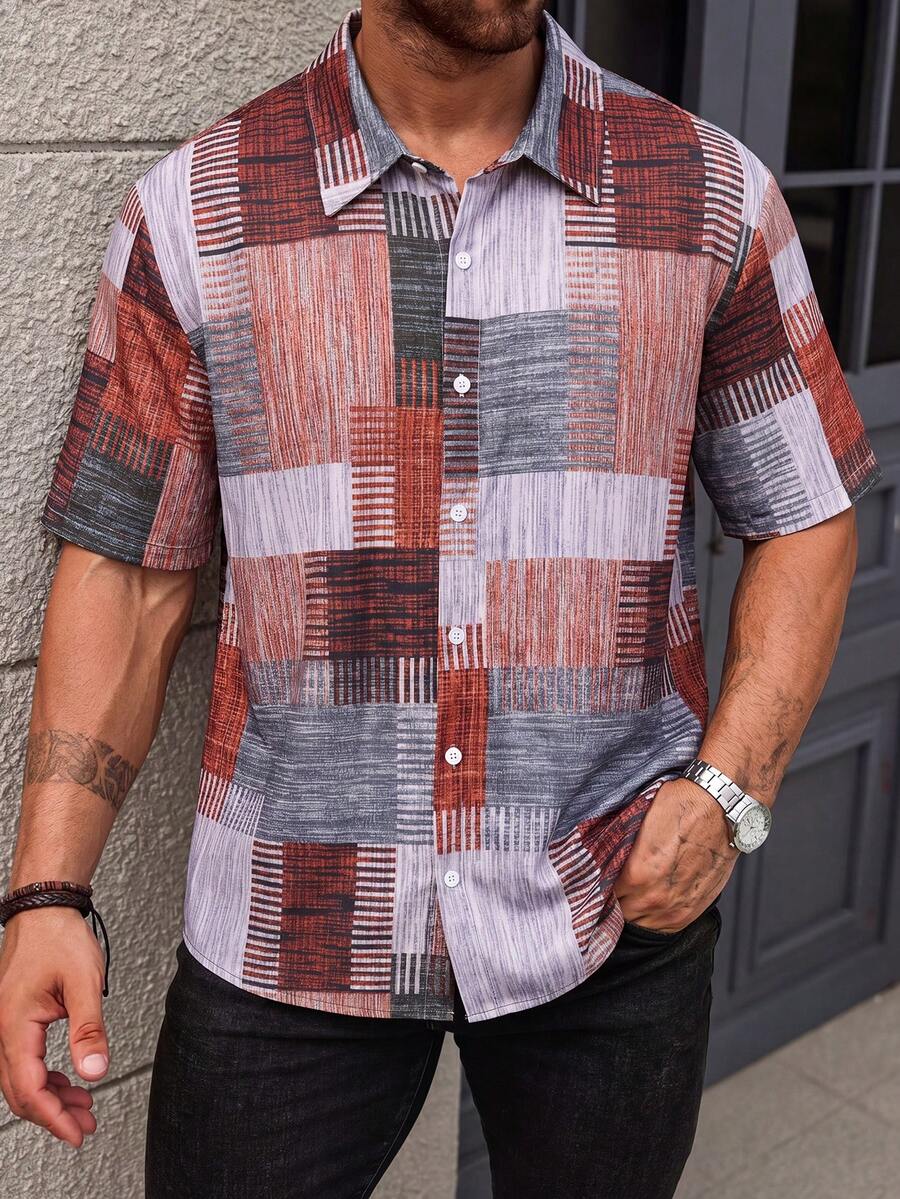 Manfinity Homme Plus Size Men's Summer Casual Vacation Style Patchwork Print Short Sleeve Shirt - Multicolor - View 1