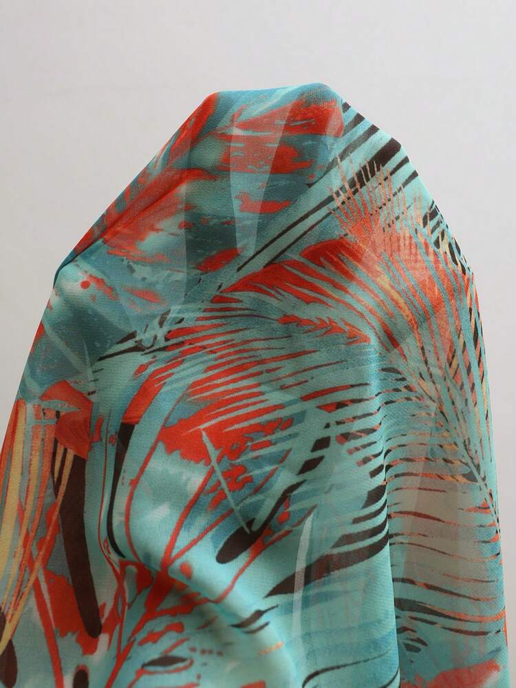 Plus Size Summer Vacation Leaf Print Asymmetric Hem Front Open Jacket