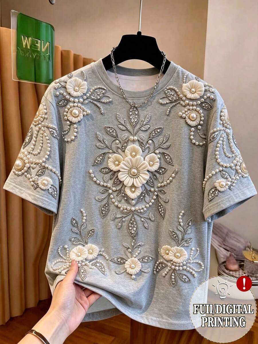 Resyla 大码女式圆领仿珍珠3D花卉装饰休闲百搭日常穿T恤 - 深灰色 - 查看 1