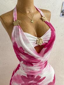 Soleia Women's Spring/Summer Vacation Floral Print Halter Neck Draped Dress - Pink - View 3