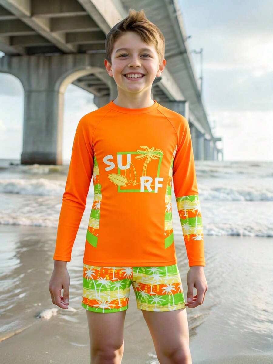 SHEIN Plus Size Boys' Swimwear,Holiday Orange Tropical Palm Tree & Letter Print 2pcs Set Long Sleeve Rash Guard & Swim Trunks,Funny Summer Beach Vacation - Orange - View 1