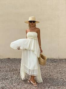 DAZY Pleated Tube Top Asymmetrical Hem Long Contrast Lace Umbrella Skirt Casual Boho Vacation Sexy Summer 2-Piece Set For Women Beach Off-White - Apricot - View 4
