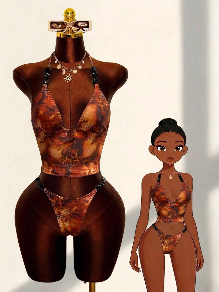 Swim Vcay Bộ bikini hai mảnh gợi cảm màu hổ phách họa tiết da báo, đính cườm, dây mảnh, thích hợp cho kỳ nghỉ biển. - Nhiều màu - Xem 1