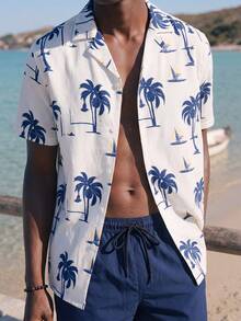 Palasendo Men's Simple And Fashionable Beach Outfit - Short Sleeve Shirt And Shorts, Suitable For Summer Man Swim Trunks, Hawaiian, Men 2 Piece Set Vacation, Men Beach Outfit Set, Men Resort Wear, Men S Palm Tree Shirt, Men Tropical Print Shirt - Blue and White - View 7