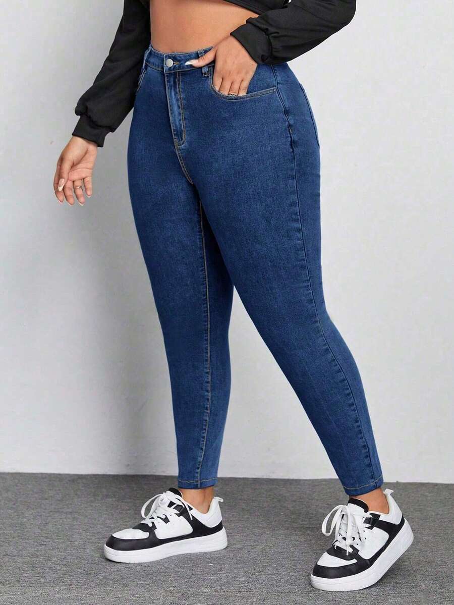 SHEIN ICON 大码女式高腰口袋修身休闲百搭牛仔裤 - 深色水洗藍 - 查看 1