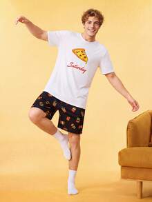 Notgurli Men's Letter Print Short Sleeve Top And Shorts Pajama Set - Multicolor - View 5