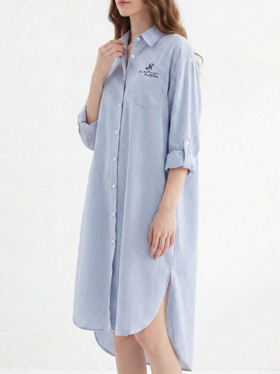 Mulvari Đầm midi dài tay kẻ sọc dáng suông cho nữ, cài cúc phía trước, vạt cong. - Xanh và trắng - Xem 1