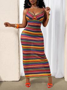 Glyssa Robe d'été femme sexy pour vacances, en tricot, à rayures colorées et col V sans manches - Multicolore - Voir 5