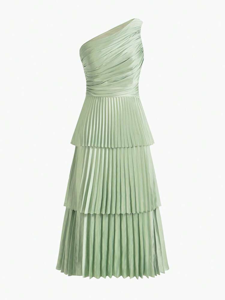 WOMEN'S PLEATED SHOULDER SLIM DRESS, SUITABLE FOR WEDDING GUEST IN SPRING/SUMMER
