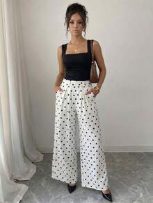 Elenzga Quần jeans ống rộng cạp cao chấm bi mới cho mùa Xuân/Hè, kiểu dáng thanh lịch, phù hợp cho mặc hàng ngày và công sở, mùa tốt nghiệp, phong cách retro, lễ hội âm nhạc, đua ngựa Derby. - Đen và trắng - Xem 5