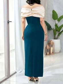 Feyla Women's Elegant Party Banquet Contrast Color Off-Shoulder Rhinestone Decor Fitted Dress, Summer - Teal Blue - View 8