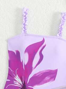 SHEIN 女童碎花连体泳衣，荷叶边肩带和裙摆，两件套，适合夏季、度假、冲浪、海滩、游泳池穿着。 - 彩色 - 查看 5