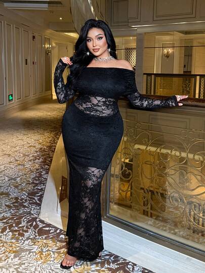 NU&NOW Plus Size Women Elegant Hollow Lace Sexy Bodycon Dress, Suitable For Dates And Travel