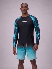 Palasendo Bộ đồ bơi 2 mảnh in chữ và cây cọ cho nam, áo tay dài Raglan và quần short, quần bơi nam, phong cách Hawaii - Nhiều màu - Xem 4