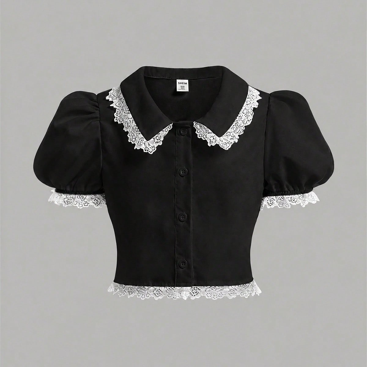 Camisa corta elegante y casual para niñas preadolescentes con cuello decorado con botones, mangas de pétalos, parches de encaje en blanco y negro