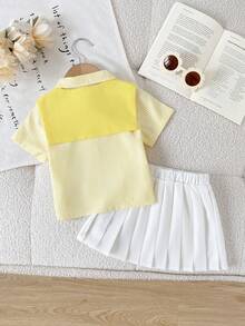 SHEIN Playful Pals 3件/套 幼童嬰兒女童刺繡小馬條紋上衣披肩&白色百褶裙 可愛返校夏季制服校服套裝 - 黃色 - 查看 3