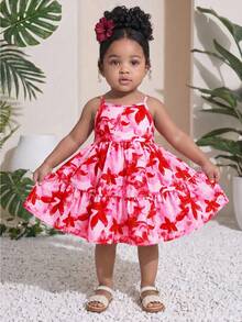 SHEIN Baby Girl Floral Print Sleeveless Dress With Ruffle Hem, Suitable For Summer Vacation - Pink - View 2