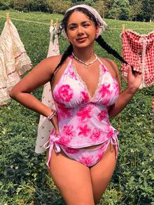 Swim Mod 大码女士印花两件套露背挂脖三角比基尼套装，度假沙滩装 - 彩色 - 查看 6