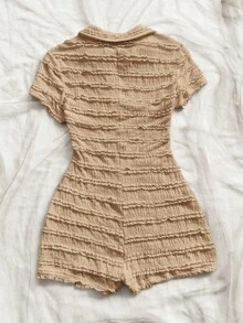 Soleia Women's Summer Casual Vacation Solid Color Textured Fabric Half-Button Front Romper - Khaki - View 2
