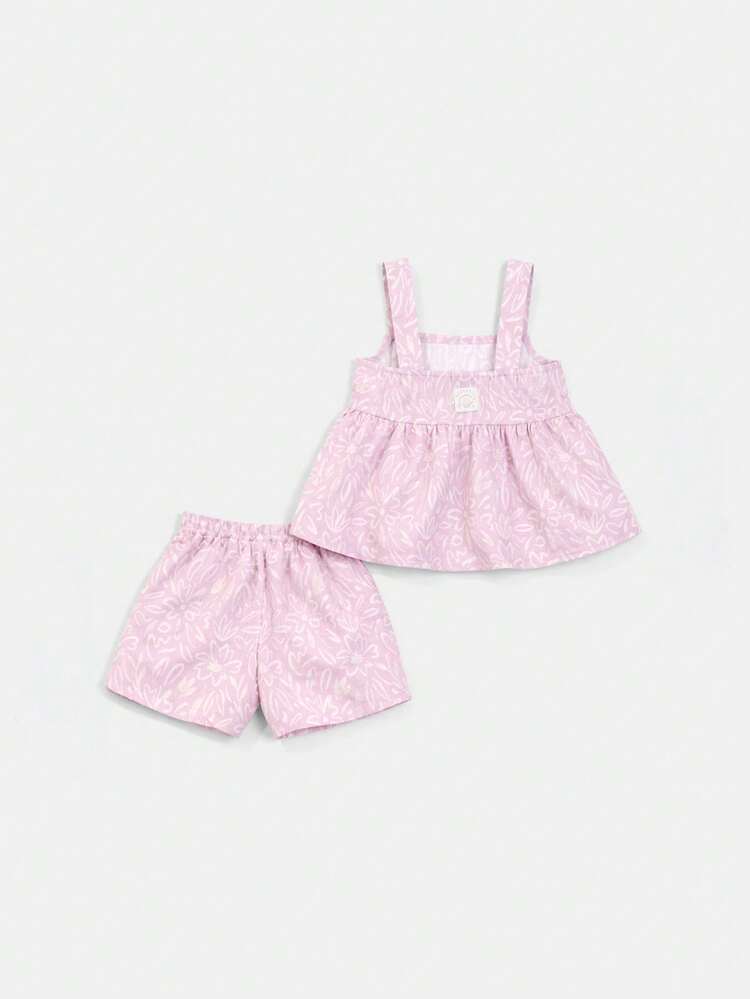 Girls Abstract Floral Print Tank Top And Shorts Two Piece Summer Co-Ord Set With Strappy Detail
