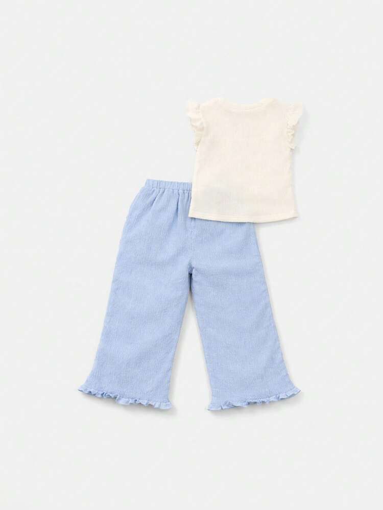 Girls Ribbed Ruffle Tank Top And Wide Leg Palazzo Pants Two Piece Crinkle Textured Summer Casual Outfit Set