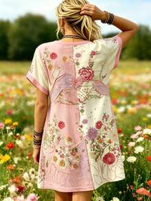 SHEIN Franclia 女士休闲碎花滚边圆领中长连衣裙，夏季 - 彩色 - 查看 2