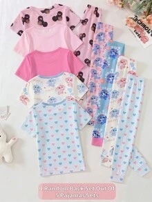 SHEIN [Random 5 Sets, Send 1 Set]! Surprise Box !!!! 30% Chance Of Getting 2 Set!! Snug Fit Tween Girls Cute Print Knit Pajama Set, Comfortable Casual Loungewear For Daily Wear Summer Outfits - Pink - View 2