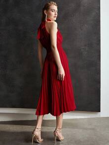 MOTF Petite Đầm midi xếp ly, eo chun, cổ yếm, mùa xuân/hè - Đỏ - Xem 3