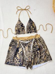 Swim SXY Bộ bikini hai mảnh gợi cảm họa tiết da báo phối nhiều mảnh dành cho nữ, kiểu dáng hở lưng, kèm quần short che phủ, thích hợp cho kỳ nghỉ hè trên bãi biển. - Nhiều màu - Xem 4