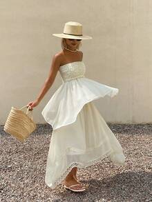 DAZY Pleated Tube Top Asymmetrical Hem Long Contrast Lace Umbrella Skirt Casual Boho Vacation Sexy Summer 2-Piece Set For Women Beach Off-White - Apricot - View 1