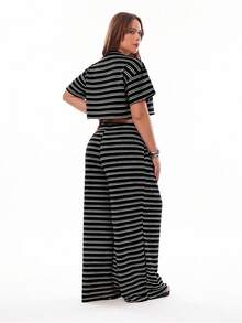 Plus Size Red Striped T-Shirt And Pants Casual 2 Pieces Set, Summer - Black - View 3