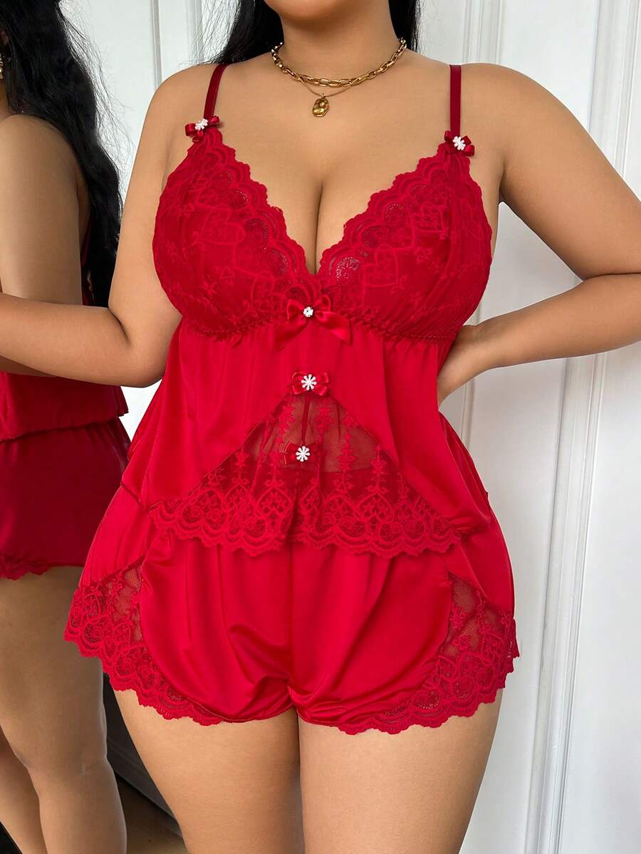 Napfluff CURVE Napfluff CURVE Plus Size Women Contrast Lace Camisole And Shorts Pajama Set - Burgundy - View 1