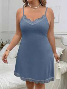 SHEIN Clasi Đầm slip ren phối màu trơn dành cho nữ cỡ lớn - Màu xanh bụi bặm - Xem 6