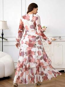 Reflora Nuevo vestido largo de mujer de talla grande con estampado floral, volantes en el bajo, cintura ceñida y alta elasticidad, vestido de otoño, vestido con volantes, vestido floral - Albaricoque - Ver 2