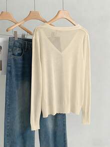 Calvaya Plus Size Casual Solid Color Cardigan Fall - Light Yellow - View 2