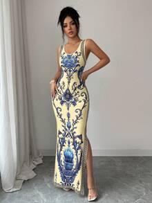 SHEIN Elenzya Exquisite Printed Chinoiserie Waist-Cinching Slit Luxurious Retro Middle Eastern UAE Style Robe, Tight Fit, Multi-Color, Sleeveless - Multicolor - View 5