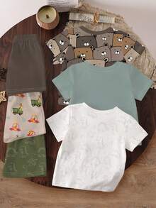 3 Stücke/Set Kleinkinder Jungen Sommer Neue Cartoon Dinosaurier/Auto/Bär Muster Outfits, süß und bequem für Alltag/Outdoor Matching Sets - Verschiedenfarbig - Übersicht 2