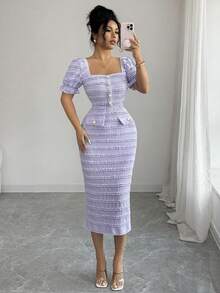 Elenzga Đầm midi dệt kim tay ngắn cổ vuông mới về, kiểu dáng thanh lịch, đa năng, ôm sát dành cho nữ. - Màu tím - Xem 6