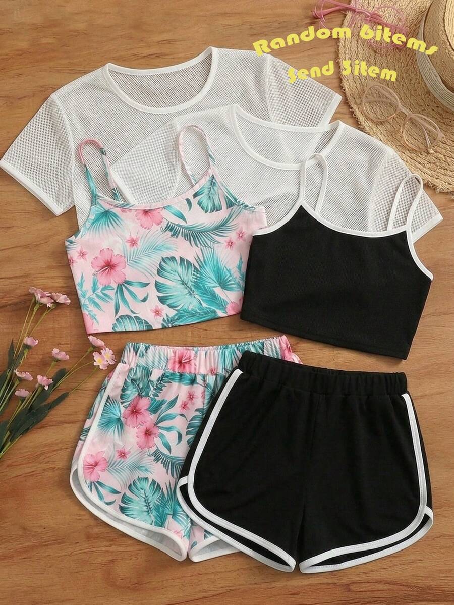 SHEIN 少女撞色滚边吊带背心+短裤+圆领白色短袖上衣三件套 - 黑與白 - 查看 1