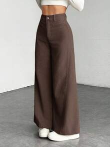 SHEIN Tween Girl/Tween Girls' Solid Color Retro Minimalist Corduroy Ribbed Pants, Brown Wide Leg Trousers, Autumn/Winter - Brown - View 6