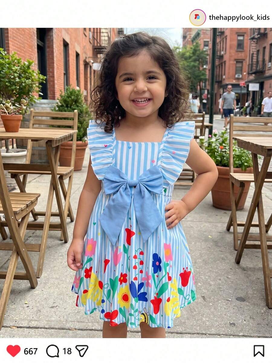 THE HAPPY LOOK Đầm bé gái kẻ sọc xanh trắng in hình hoa hoạt hình, viền bèo nhún, kiểu dáng thường ngày đa năng, thích hợp mặc đi chơi mùa xuân/hè. - Nhiều màu - Xem 1