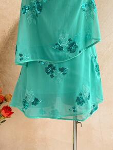 Soleia Women's Floral Sequin Fashion Cross-Neck Mini Dress - Teal Blue - View 4